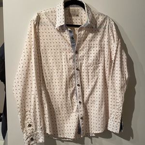 Button down shirt with red/pink pattern